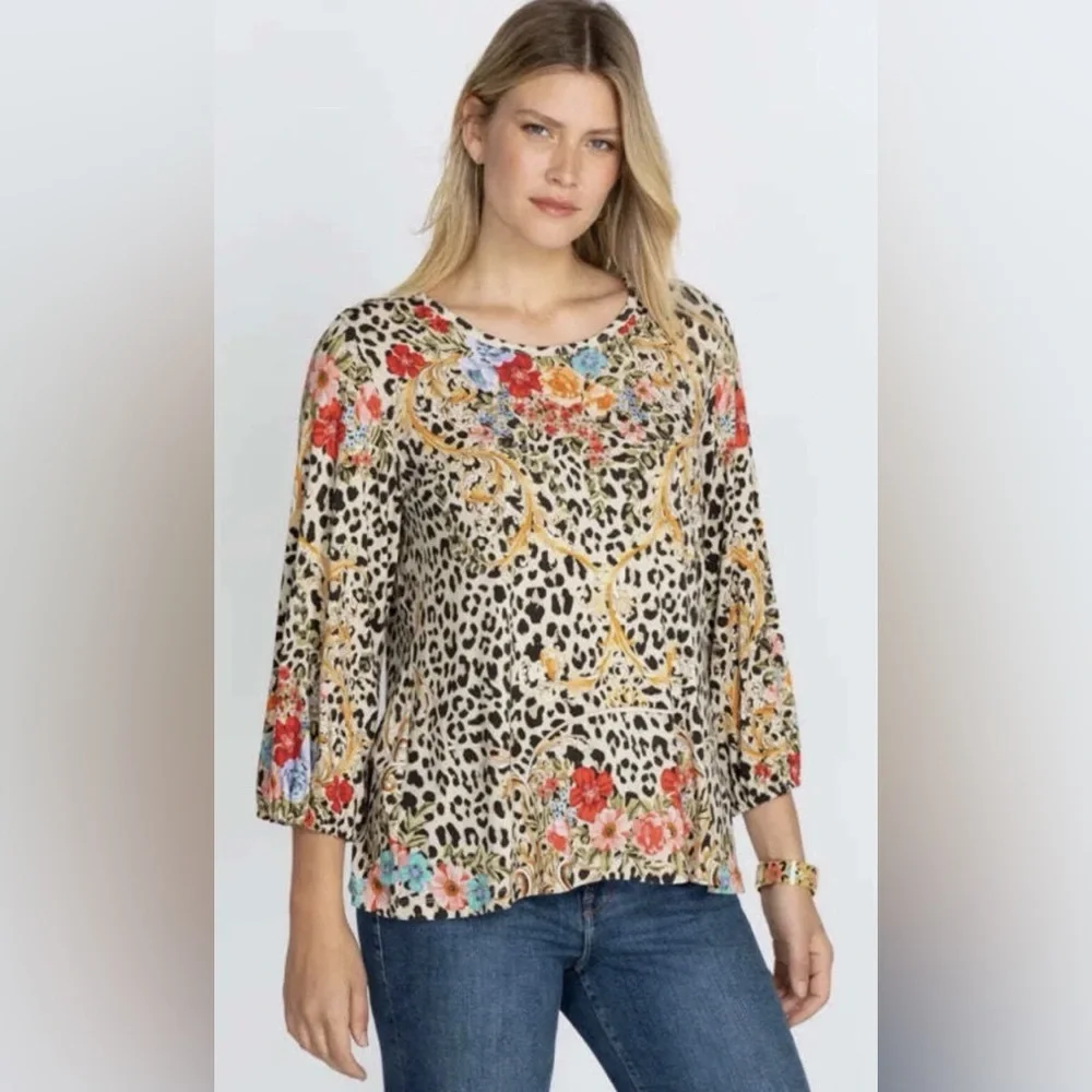 Johnny Was Leopard Floral Tunic Top Bamboo Viscose Puff Sleeve Boho XXS
